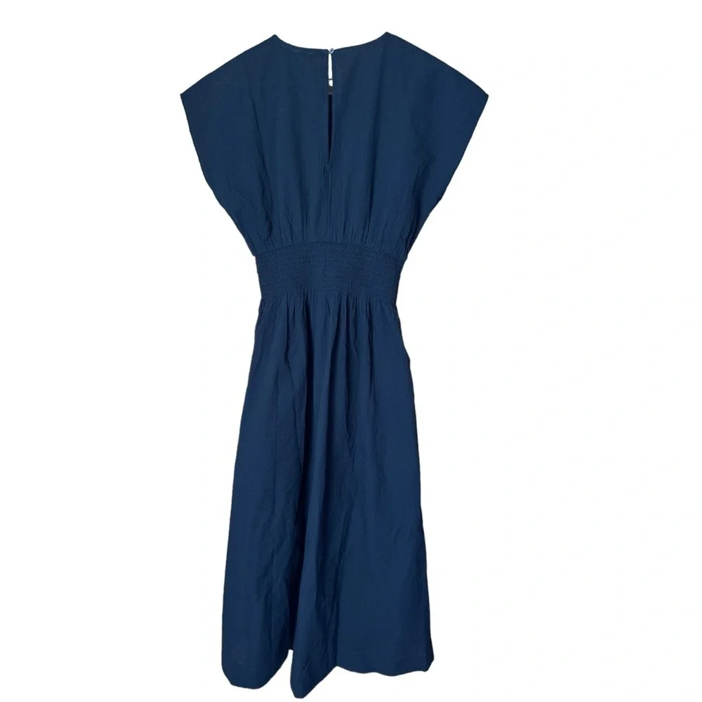 Madewell Smocked Waist Midi Dress Stripe Seersucker Linen Blend Black XS NWT - Picture 8 of 13